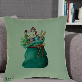 Perna Decorativa Saculet Cadouri Mos Craciun Acuarela Verde, 40x40 cm, Verde, Husa Detasabila, Perna Inclusa, BEKZ®