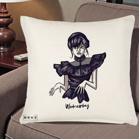Perna Personalizata Wednesday Addams Dans Gotic, 40x40 cm, Crem Reliefat, Husa Detasabila, Perna Inclusa, BEKZ®