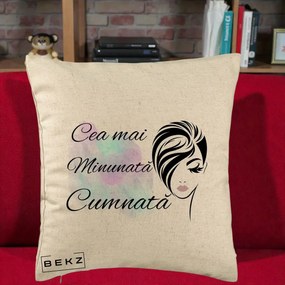 Cadou pentru Cumnata - Perna Personalizata Cea mai Minunata Cumnata cu Silueta Dama si Pete Multicolor, 40x40 cm, Bej, Husa Detasabila, Perna Inclusa, BEKZ®