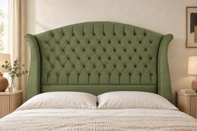 Pat tapițat Chesterfield din catifea Sorella Simple 180×200 cm, kaki, cu ladă de depozitare