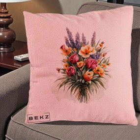 Perna Decorativa Buchet Mixt Acuarela Lavanda-Trandafiri, 40x40 cm, Roz, Husa Detasabila, Perna Inclusa, BEKZ®