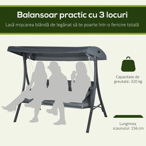 Outsunny Balansoar pentru Exterior de Grădină cu 3 Locuri și Acoperiș Reglabil, Perne Decorative, 202x115x168 cm, Gri | Aosom Romania