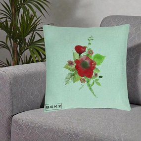 Perna Decorativa Buchet Rosu Acuarela, 40x40 cm, Verde Menta, Husa Detasabila, Perna Inclusa, BEKZ®
