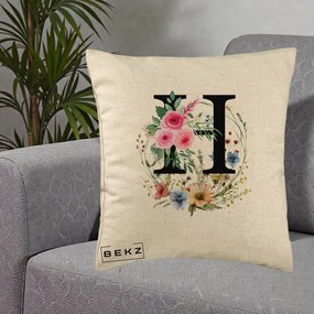 Cadou Personalizat - Perna Personalizata Monogram Litera H cu Flori Acuarela, 40x40 cm, Bej, Husa Detasabila, Perna Inclusa, BEKZ®