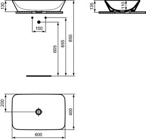 Lavoar pe blat alb lucios 60 cm, dreptunghiular, fara preaplin, Ideal Standard Connect Air Dreptunghiulara