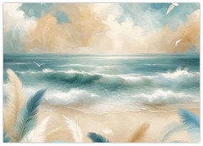 Tablou pe sticlă – Plajă pictată în culori delicate (70x50 cm)