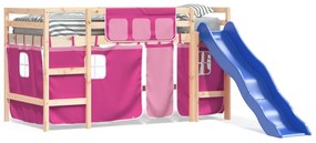 3207029 vidaXL Pat etajat de copii cu perdele, roz, 90x190 cm, lemn masiv pin