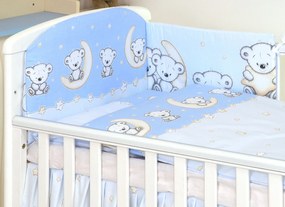 Set lenjerie din bumbac cu protectie laterala pentru pat bebe 120 x 60 cm, Ursulet pe luna Albastru, Amy