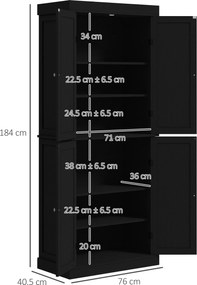 HOMCOM Dulap Înalt de Bucătărie cu 6 Rafturi și 2 Uși, Dulap cu Rafturi Reglabile din Lemn, 76x40,5x184 cm, Alb | Aosom Romania