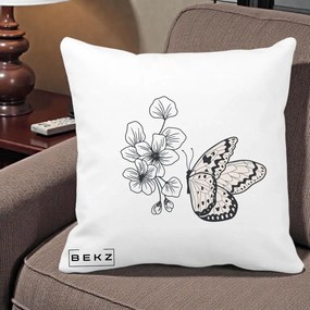 Perna Decorativa Fluture si Flori Linie Monocroma, 40x40 cm, Alba Mata, Husa Detasabila, Perna Inclusa, BEKZ®