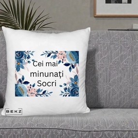 Cadou pentru Socri - Perna Personalizata Cei mai Minunati Socri cu Flori Albastre si Roz, 40x40 cm, Alb Pufos, Husa Detasabila, Perna Inclusa, BEKZ®