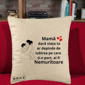 Cadou pentru Mama - Perna Personalizata Mama Nemuritoare Kawaii, 40x40 cm, Bej, Husa Detasabila, Perna Inclusa, BEKZ®