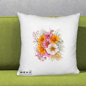 Perna Decorativa Buchet Cosmos Portocaliu Roz si Alb, 40x40 cm, Alb Pufos, Husa Detasabila, Perna Inclusa, BEKZ®