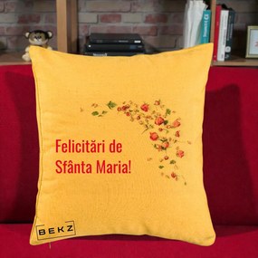 Cadou de Onomastica - Perna Personalizata Felicitari de Sfanta Maria, 40x40 cm, Galben, Husa Detasabila, Perna Inclusa, BEKZ®