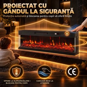 HOMCOM Șemineu electric de podea/încastrabil, 3 laturi, cu telecomandă, 750/1500W, efect flacără 3D, 12 culori, 5 niveluri de luminozitate | Aosom Romania