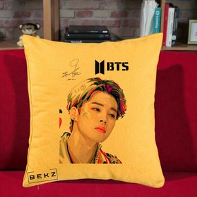 Perna Personalizata K-pop BTS Jimin Portret Artistic Multicolor cu Autograf, 40x40 cm, Galben, Husa Detasabila, Perna Inclusa, BEKZ®