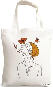 Sacosa de Panza pentru Cumparaturi, Geanta Tote, Flower Lady 8, 38x34.5 cm, Alba, BEKZ®