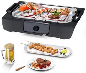 Gratar electric Royalty Line RL-SBGT2000, 2000W, 38x28 cm, Suport pliabil, 200°C, Termostat, Tava de scurgere, Negru