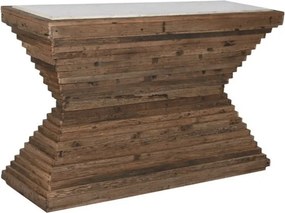 Consolă hol rustică din lemn reciclat, maro, cu blat din marmură albă și bază în trepte, în formă de clepsidră, 87 x 138 x 45 cm, „Linea”