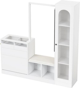 Combinație 6-în-1 pentru intrare cu iluminare LED, set cuier, masă de toaletă, bancă pentru pantofi, dulap rabatabil pentru pantofi și vitrină din sticlă, 163x35x161 cm, Alb