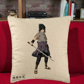 Perna Personalizata Naruto Sasuke Uchiha cu Sabia, 40x40 cm, Bej, Husa Detasabila, Perna Inclusa, BEKZ®