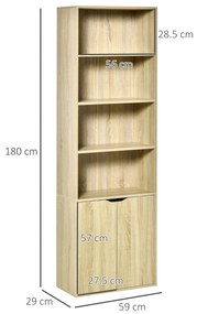 HOMCOM Bibliotecă Dulap de cărți cu 4 compartimente deschise și 2 uși pentru sufragerie și birou 59x29x180 cm Lemn natural | Aosom Romania