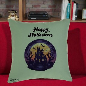 Perna Decorativa Happy Halloween Casa Bantuita Violet, 40x40 cm, Verde, Husa Detasabila, Perna Inclusa, BEKZ®