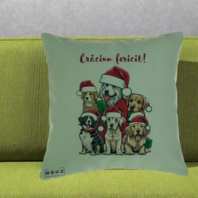 Perna Decorativa Caini cu Bonete Craciun Fericit, 40x40 cm, Verde, Husa Detasabila, Perna Inclusa, BEKZ®
