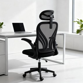 HOMCOM Scaun de Birou Ergonomic cu Brațe Rabatabile și Spătar Pliabil, Scaun de Birou cu Funcție Balansoar, Tetieră Reglabilă, Șezut Rotativ, Negru | Aosom Romania