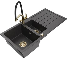 Mexen Andres chiuvetă de granit cu 1,5 camere și scurgător și baterie de bucătărie Duo, negru stropit - 6515-76-671701-57-G