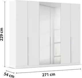 Dulap 271 cm lungime, 6 uși batante, oglindă pe mijloc, culoare albă, compartimentare premium, 229 cm înălțime