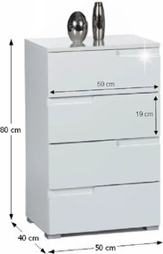 Comodă 4 sertare, alb extra lucios HG, SPICE 4