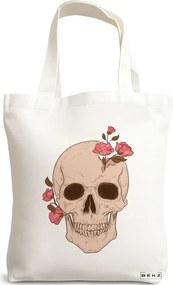 Sacosa de Panza pentru Cumparaturi, Geanta Tote, model Floral Skull, 38x34.5 cm, Alba, BEKZ®