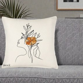 Perna Decorativa Portret Feminin Floare Portocalie Lateral, 40x40 cm, Crem Reliefat, Husa Detasabila, Perna Inclusa, BEKZ®