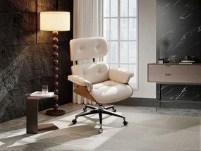 EXECUTIVE PRESTIGE – Scaun Directorial Ergonomic Premium, cu Piele PU, Furnir din Lemn Natur, Bază din Aluminiu, Reglaj pe Înălțime și Funcție de Înclinare, Alb