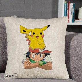 Perna Personalizata Ash si Pikachu, 40x40 cm, Bej Canapea, Husa Detasabila, Perna Inclusa, BEKZ®