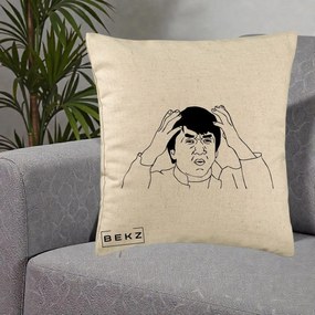 Perna Decorativa Jackie Chan WTF, 40x40 cm, Bej, Husa Detasabila, Perna Inclusa, BEKZ®