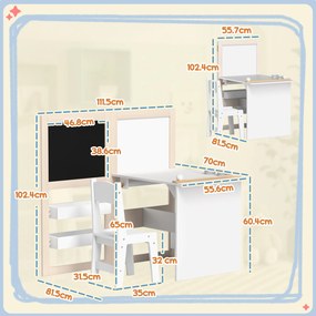 AIYAPLAY Set Masă și Scaun pentru Copii 3-8 Ani cu Tablă Neagră, Tablă Albă, Containere și Rulou de Hârtie, Alb | Aosom Romania