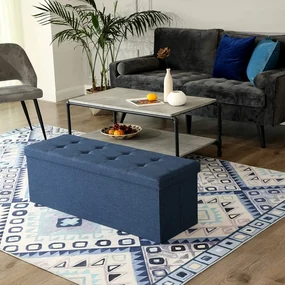 Bancheta cu spatiu depozitare, textil / MDF, albastru marin, Songmics