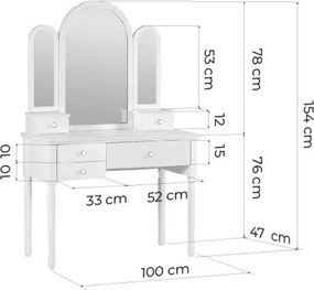 Masă lemn masiv alb de Toaleta Elizabeth Oglinda Semirotunda din 3 Piese, 100 × 47 × 154 cm