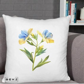 Perna Decorativa Botanica Frezie Galbena si Albastra, 40x40 cm, Alb Pufos, Husa Detasabila, Perna Inclusa, BEKZ®