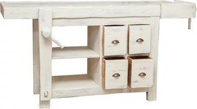 Banc de tamplar, L184 74 H92 cm, 4 sertare, alb antic, lemn masiv