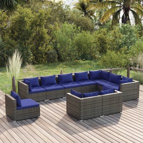 Set mobilier de gradina cu perne, 10 piese, gri, poliratan gri si bleumarin, 5x colt + 5x mijloc, 1