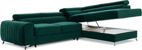 Colțar verde extensibil/cu spațiu de depozitare cu tapițerie din catifea (cu colț pe partea dreaptă/în formă de ”L”) Laurence – ELTAP