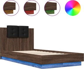 vidaXL Cadru de pat cu tăblie și lumini LED, stejar maro, 90x190 cm