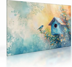 Tablou pe sticlă - Birdhouse, acuarelă, acuarelă (70x50 cm)