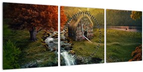 Tablou cu căbănuță în peisaj de poveste (cu ceas) (90x30 cm)