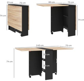 HOMCOM Masă Pliabilă pentru 4-6 Persoane, cu 2 Roți, Masă Rabatabilă cu 2 Rafturi pentru Depozitare, 140x75x74 cm, Negru | Aosom Romania