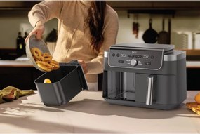 Friteuza cu aer cald Ninja Foodi Dual Zone DZ901EU, 2470 W, Zone de gatit independente, 9,5 l, 6 programe, 40-240°C, Max Crisp, Sync, Gri/Inox