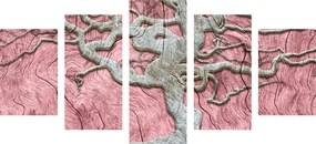 Tablou 5-piese copacul abstract pe lemn cu contrast roz